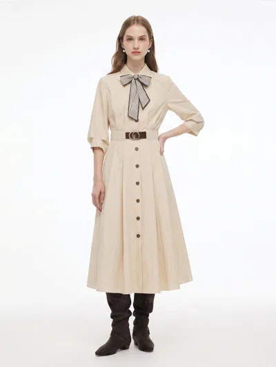 Goelia Cotton Blend 3/4 Ruched Sleeve Women Belted Maxi Shirt Dress With Silk Scarf In Neutral