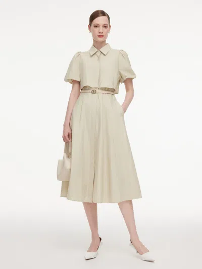 Goelia Cotton Blend Puff Sleeve Women Midi Shirt Dress With Belt In Light Grey Green