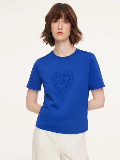 Goelia Cotton Blend Round Neck Tape Embroidered Women T-shirt In Blue