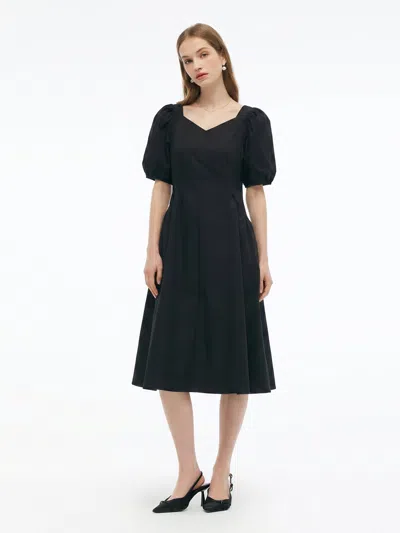 Goelia Cotton Blend Square Neck Women Puff Sleeve Midi Dress In Black
