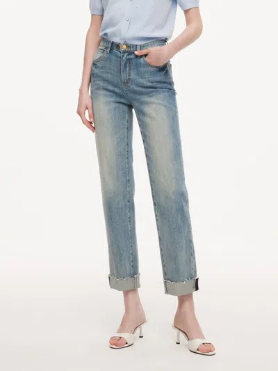 Goelia Cotton Denim Adjustable Waist Women Straight Leg Folded Jeans In Blue