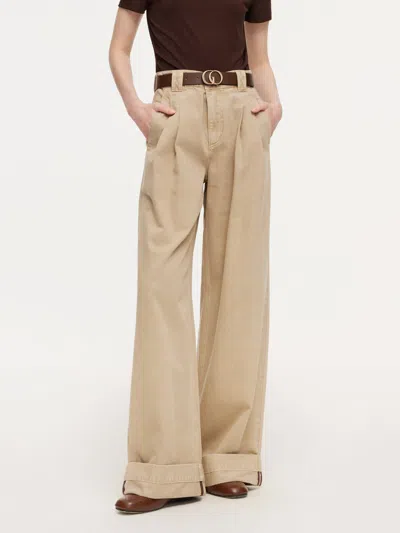 Goelia Cotton Denim Straight Wide Leg Women Folded Jeans With Belt In Brown
