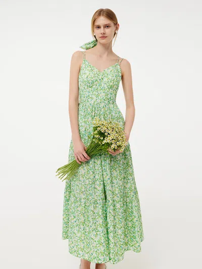 Goelia Cotton Floral Print Women Slip Maxi Dress With Detachable Chest Pads In Green
