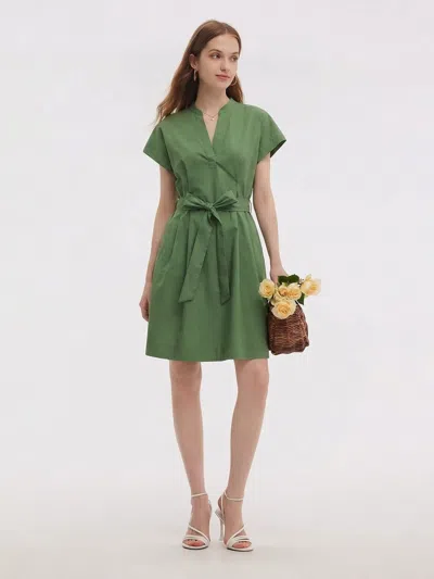 Goelia Cotton Gathered Waist Women Belted Mini Dress In Green