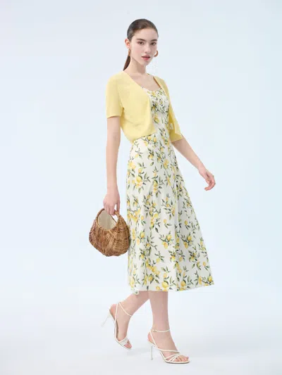 Goelia Cotton Lemon Print Strap Dress And Cardigan Two-piece Set In Multi