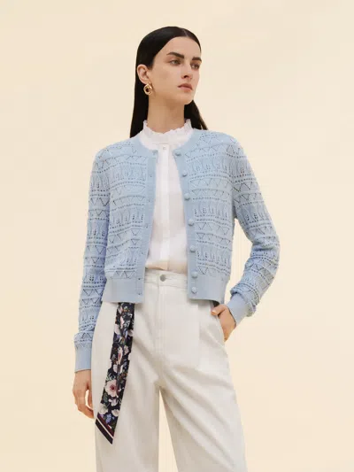 Goelia Cotton Openwork Women Round Neck Cardigan In Blue