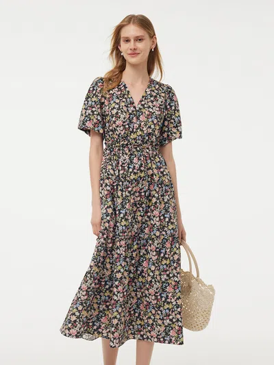 Goelia Cotton Puff Sleeve Drawstring Waist Floral Print Women Midi Dress In Brown