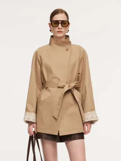 Goelia Cotton Stand Collar Lace Cuffs Women Self-tie Belt Trench Coat In Multi