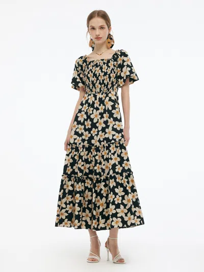 Goelia Cotton Stretch Floral Print Women Smocked Maxi Dress In Multi