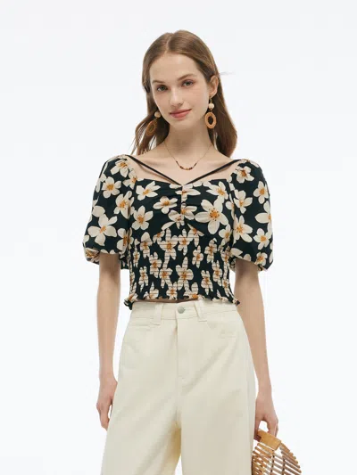 Goelia Cotton Stretch Floral Print Women Smocked Top In Multi