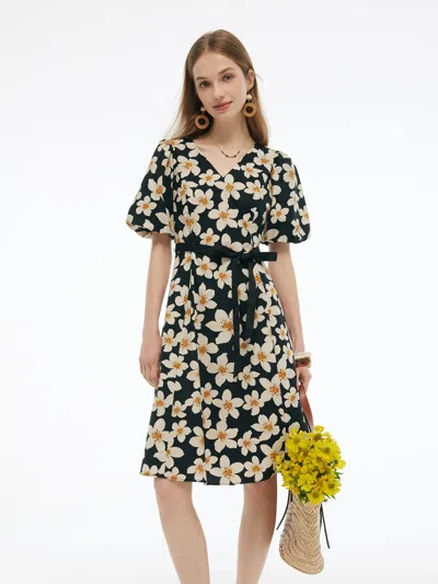 Goelia Cotton Stretch Floral Print Women Tie Belt Midi Dress In Multi