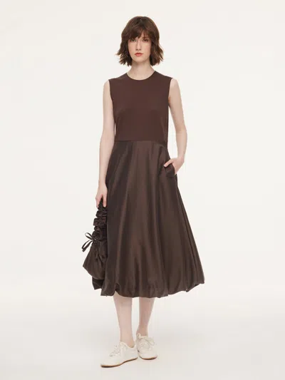 Goelia Dark Brown Patchwork Bubble Hem Women Sleeveless Maxi Dress With Bag