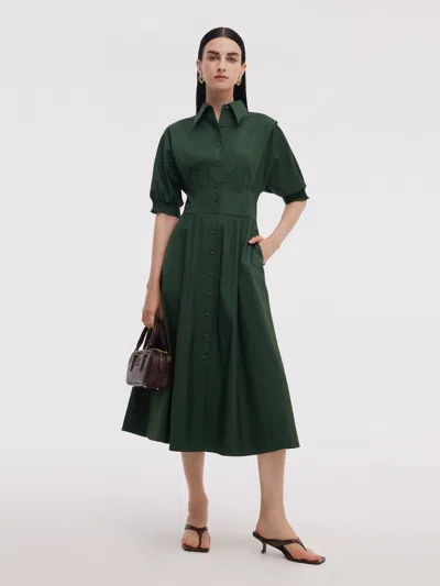 Goelia Dark Green Gathered Waist Women Maxi Shirt Dress