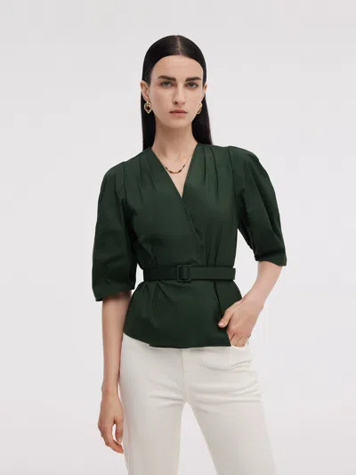 Goelia Dark Green V-neck Women Blouse With Belt