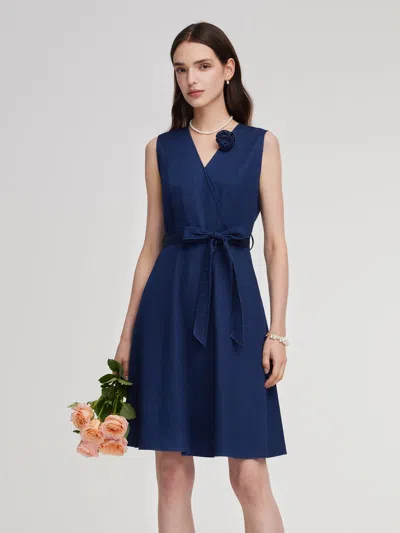 Goelia Denim Gathered Waist Sleeveless Women Self-tie Belt Mini Dress In Blue