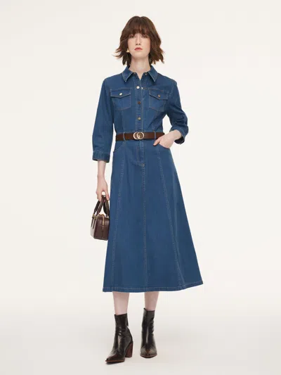 Goelia Denim Gathered Waist Women Maxi Dress With Belt In Blue