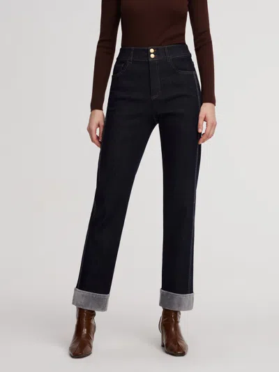 Goelia Denim High-waisted Fleece Lined Women Folded Jeans In Blue