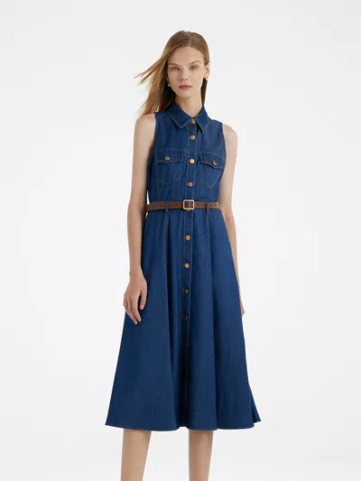 Goelia Denim Lapel Women Midi Vest Dress With Belt In Blue