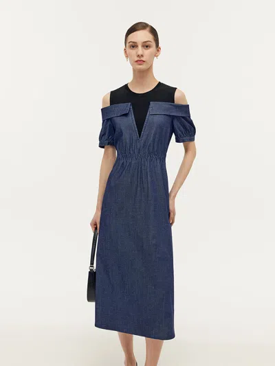 Goelia Denim Lyocell Cold Shoulder Patchwork Women Midi Dress In Blue