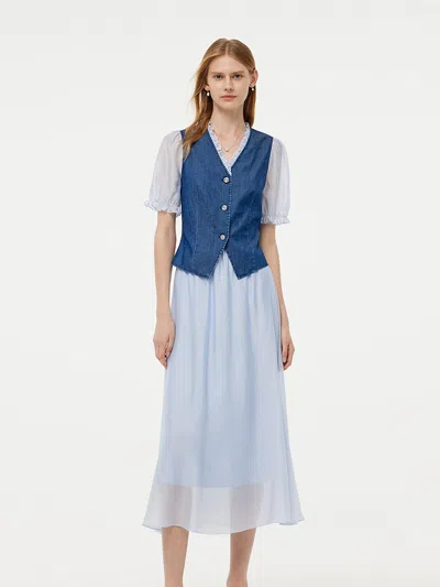 Goelia Denim Lyocell Patchwork Crop Jacket And Skirt Two-piece Set In Blue