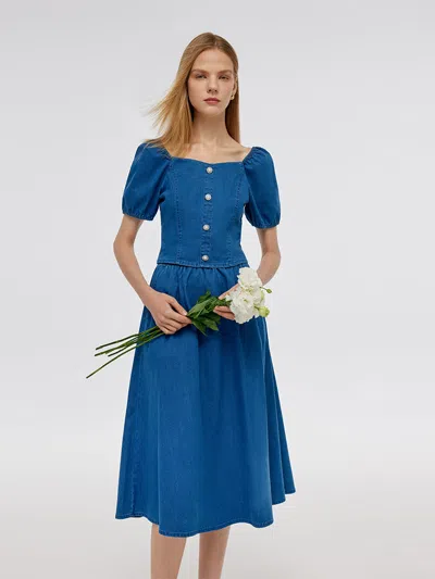 Goelia Denim Puff Sleeves Top And A-line Skirt Two-piece Set In Blue