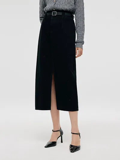 Goelia Denim Rhinestone Slit Women Skirt With Belt In Blue