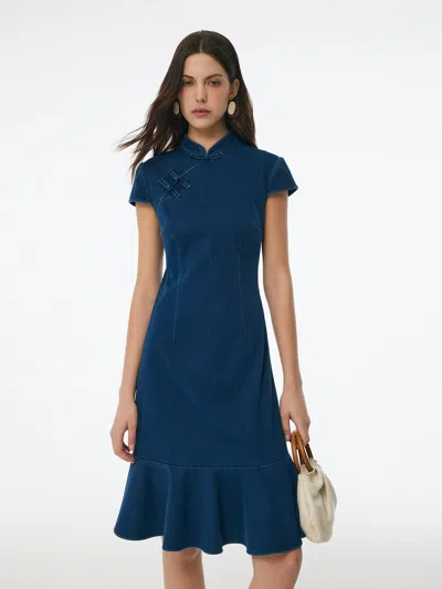 Goelia Denim Ruffle Hem Women Stretchy Knit Qipao Mini Dress In Blue