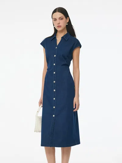 Goelia Denim Side Twist Women Cap Sleeve Stretchy Midi Dress In Blue