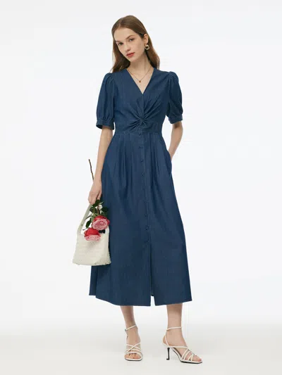 Goelia Denim Twist Front V-neck Women Maxi Dress In Blue
