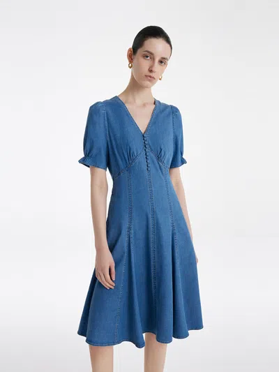 Goelia Denim V-neck Gathered Waist Women Midi Dress In Blue