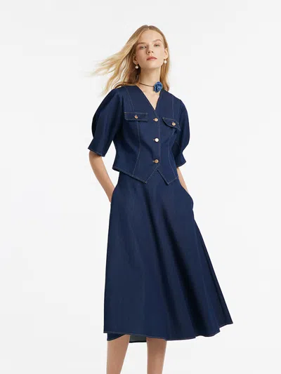 Goelia Denim V-neck Top And Half Skirt Two-piece Set In Blue