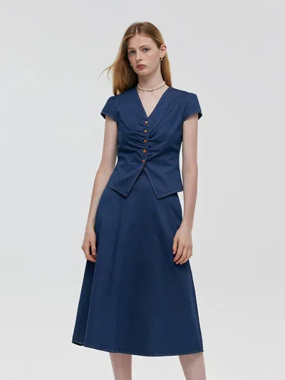 Goelia Denim V-neck Top And Midi Skirt Two-piece Set In Blue