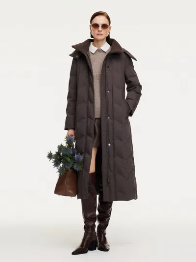 Goelia Diamond Quilted Hooded Long Goose Down Wrap Coat In Brown