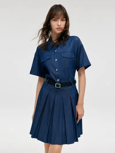 Goelia Double-layer Denim Women Mini Dress With Belt In Blue