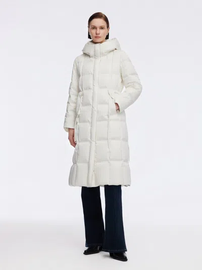 Goelia Drawstring Adjustable Waist Hooded Long Goose Down Coat In White