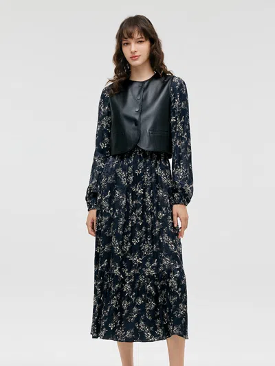 Goelia Eco-friendly Fur Vest And Floral Print Dress Two-piece Set In Multi
