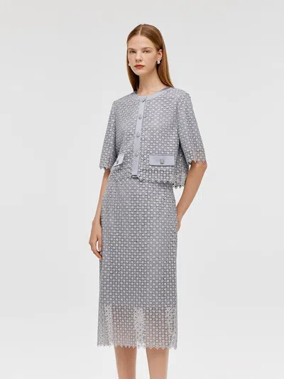 Goelia Embroidered Crop Jacket And High-waisted Skirt Two-piece Set In Gray