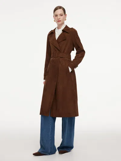 Goelia Faux Suede Straight Fit Women Belted Trench Coat In Coffee Brown
