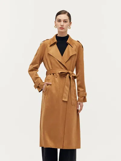 Goelia Faux Suede Women Trench Coat With Belt In Brown