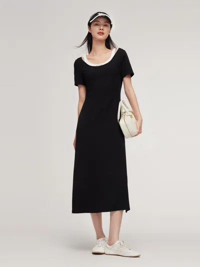 Goelia Faux Two-piece Patchwork Slim Fit Women T-shirt Maxi Dress In Black