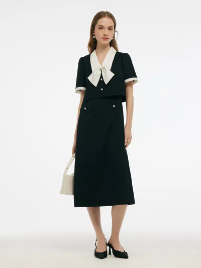 Goelia Faux Two-piece Women Midi Dress With Detachable Bowknot In Black