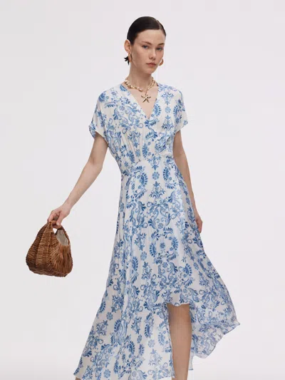 Goelia Floral Print Asymmetric Hem Women V-neck Maxi Dress In Blue