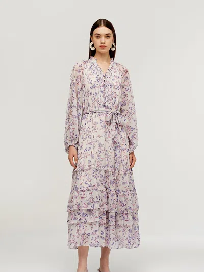 Goelia Floral Print Tiered Women Maxi Dress With Belt In Multi