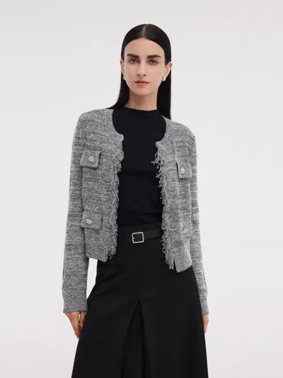 Goelia Fringe Trim H-line Women Cardigan In Gray