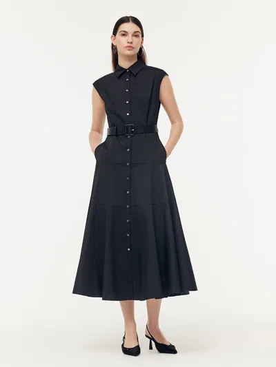 Goelia Gathered Waist Cap Sleeve Women Maxi Dress With Leather Belt In Black