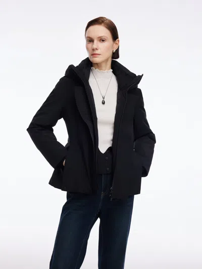 Goelia Gathered Waist Hooded Goose Down Jacket With Belt In Black