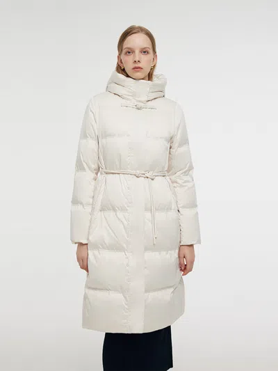 Goelia Gathered Waist Hooded Long Goose Down Coat In White