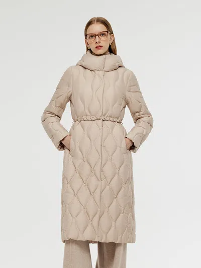 Goelia Gathered Waist Long Goose Down Coat With Belt In Neutral