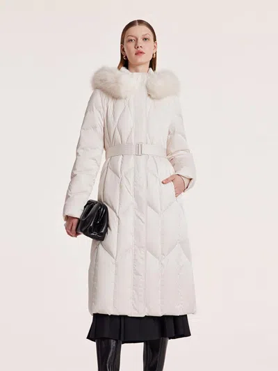 Goelia Gathered Waist Long Goose Down Garment With Faux-fur Collar In White