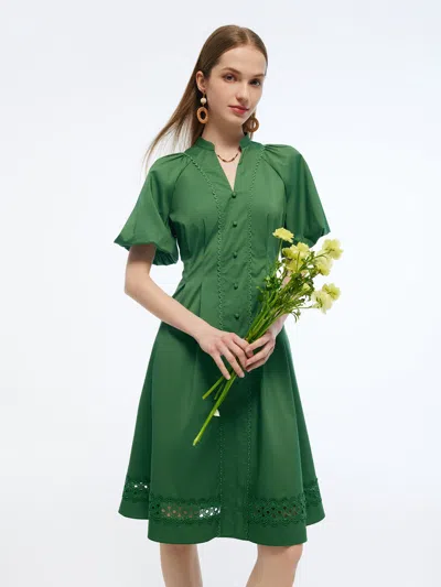 Goelia Gathered Waist Puff Sleeve Women Midi Dress In Green